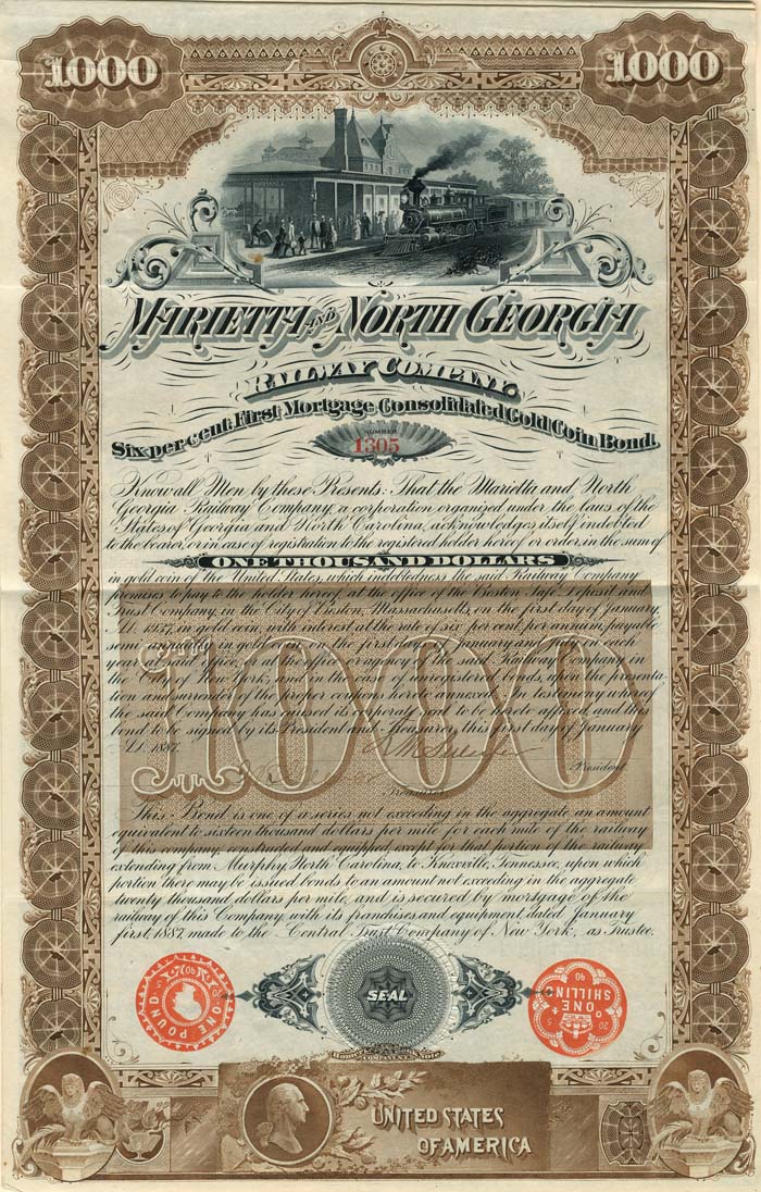 Marietta and North Georgia Railway Co - $1,000 Bond - Gorgeous (Uncanceled)